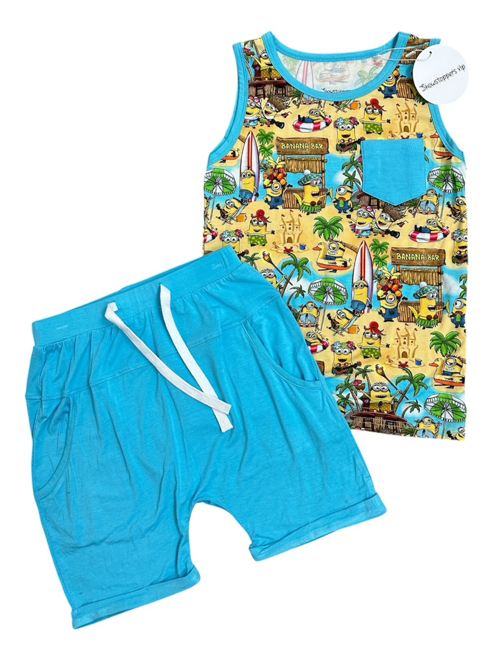 Showstoppers Bamboo Size 4/5 Blue Tropical Hawaiian Minions Tank Shorts Matching